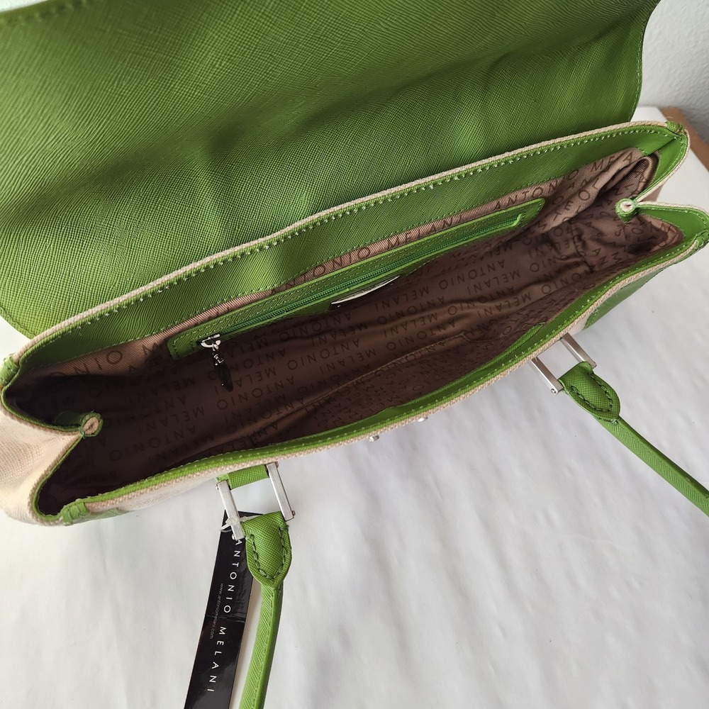 Antonio Melani Women Shoulder Bag Purse Green Ivory Leather Trim Spring Summer - Picture 9 of 16